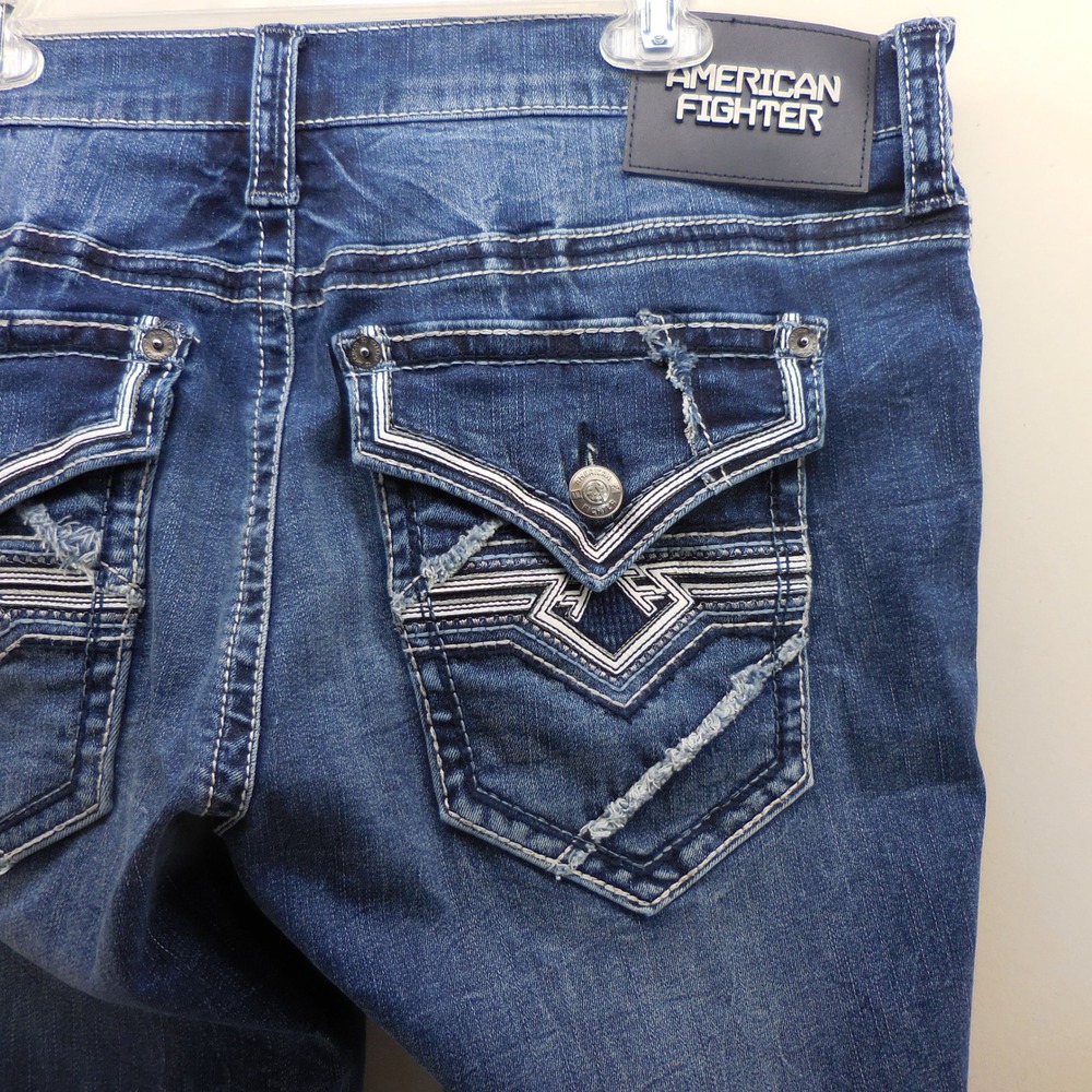 American Fighter Mens Defender Straight Leg Jeans 38x31‎ Distressed Flap Pocket